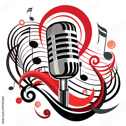microphone surrounded by swirling musical notes