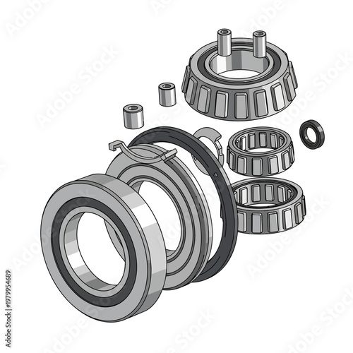 Exploded View of Tapered Roller Bearing Components - Technical Illustration