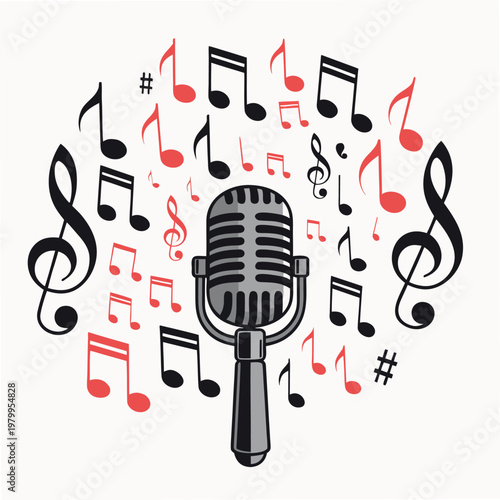 microphone surrounded by swirling musical notes