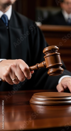 Judge Holding Wooden Gavel Over Sound Block In Courtroom During Legal Trial Proceeding Authority Justice Concept
