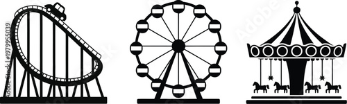 Collection of carnival theme park attraction symbols including a big wheel rotating carousel and fast roller coaster for graphic design