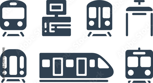 Collection of dark gray icons representing various public transportation train models and subway rail transit systems