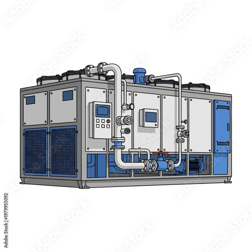 Industrial Chiller Unit with Control Panel and Pipes, HVAC System Component