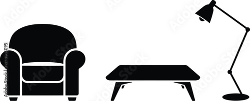 Black furniture vector silhouette set featuring a comfortable armchair a coffee table and a modern floor lamp for interior design