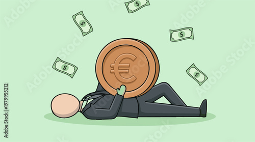 Businessman overwhelmed by a large Euro coin with falling dollar bills