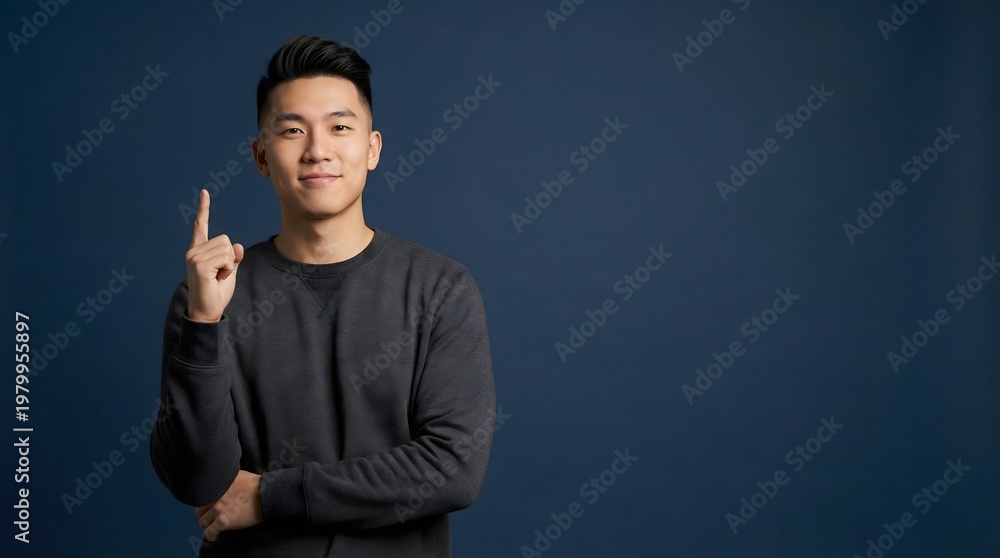 Fototapeta premium Smart Asian man thinking and touching chin isolated on dark blue background