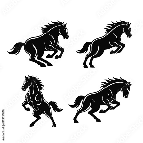Dynamic black horse silhouettes in various powerful poses.