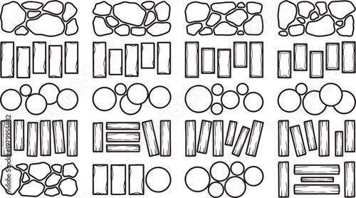 A set of diverse geometrical forms creating a pattern, ideal for architectural and design concepts, emphasizing structure and texture.