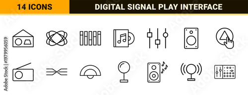 Minimalist music line icon set with audio equipment and sound notes