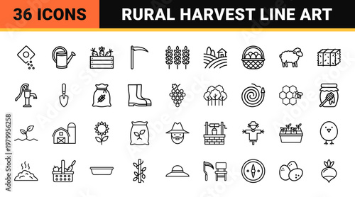 Organic farming and agriculture line icon set.