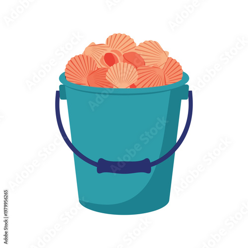 Beach bucket filled with seashells vector illustration for summer and vacation design