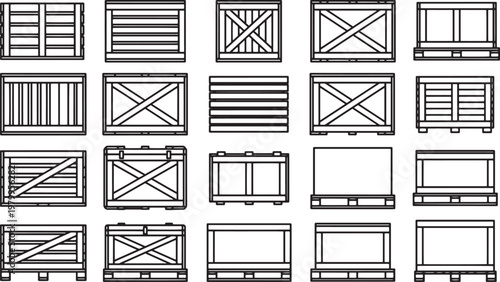 Wooden crates, essential for logistics and transport, stand in a symmetrical array, with variations in design.