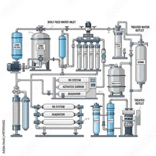 Industrial Water Treatment System Diagram - RO, Filters, Purification Process