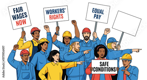 Diverse group of workers protesting for fair wages and equal pay