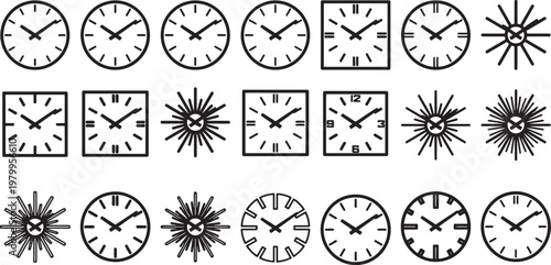 A set of various clock faces in simple line art, with a focus on shapes and time-telling. 