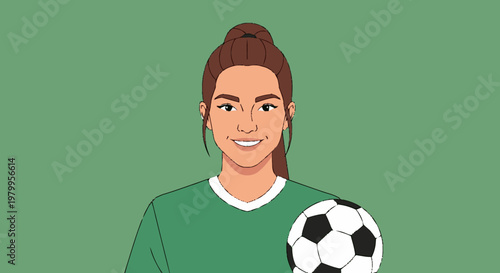 Woman holding soccer ball digital illustration on a solid green background