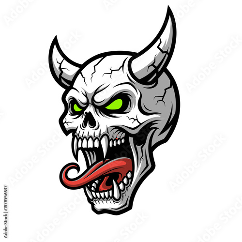 Ferocious horned skull with glowing eyes and long tongue.