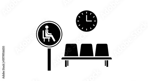 Waiting area with seating, clock, and accessibility symbol indicating a place for people to sit.