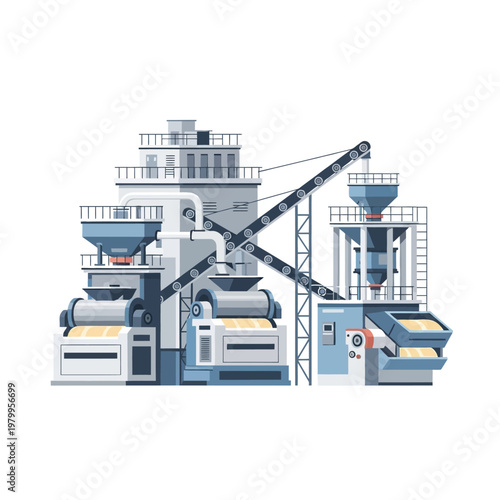 Modern industrial factory with conveyor belt and processing machinery