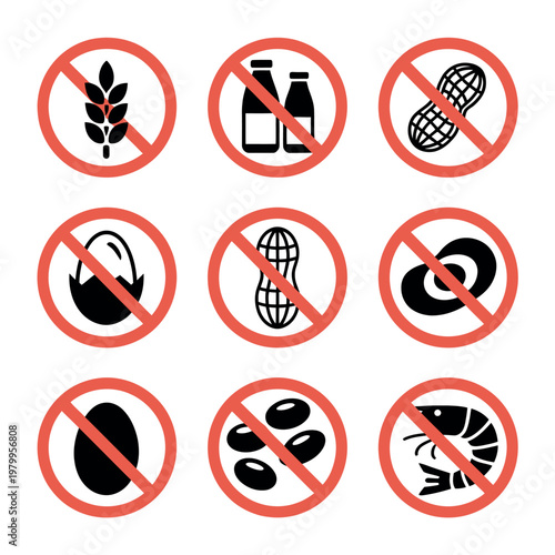 Six circular prohibition icons vector set for common food allergens including nuts, milk, egg, shellfish, and soy in red and black warning design