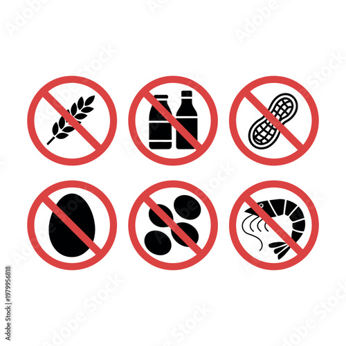 Six circular prohibition icons vector set for common food allergens including nuts, milk, egg, shellfish, and soy in red and black warning design