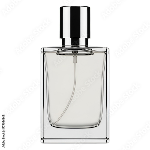 A clear glass perfume bottle with a metallic silver cap and a visible spray mechanism inside.