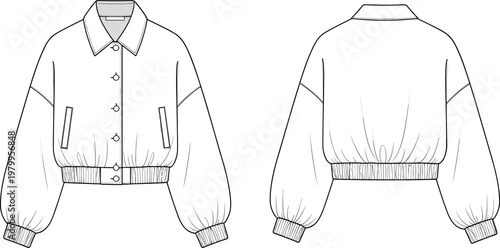 Technical fashion flat sketch of a women's cropped bomber jacket with puff sleeves button front closure and ribbed elastic hemline.