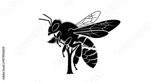 A stylized black silhouette of a bee with detailed wings and segmented body perched on a small.