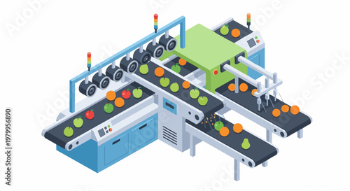 Isometric Automated Fruit Sorting and Processing Factory Illustration