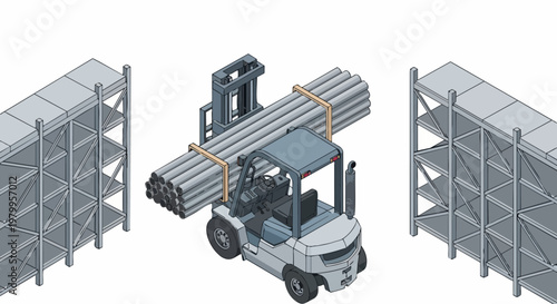 Isometric Illustration of a Forklift Carrying Metal Pipes in a Warehouse Storage Facility