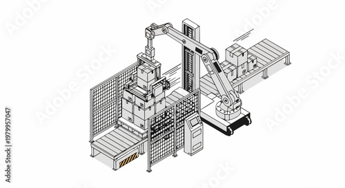 Isometric Line Art Illustration of Automated Warehouse Robot Arm Palletizing Boxes on Conveyor Belt. Industrial Smart Factory and Logistics Concept.