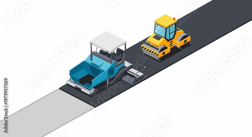 Isometric View of Asphalt Paver and Road Roller Construction Machinery Building a New Highway