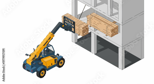 Telehandler Lifting Wood Lumber into Concrete Building Construction Isometric Vector Illustration