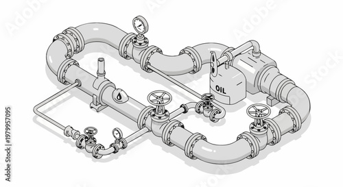 Isometric Oil Pipeline System Illustration with Valves, Gauges, and Petroleum Storage Tank