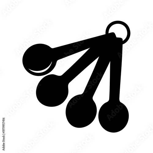 Minimalist illustration of four black measuring spoons connected with a ring