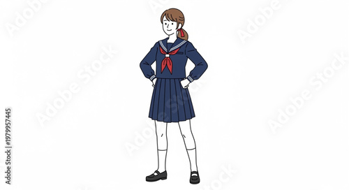 Illustration of a Japanese schoolgirl in uniform standing confidently.