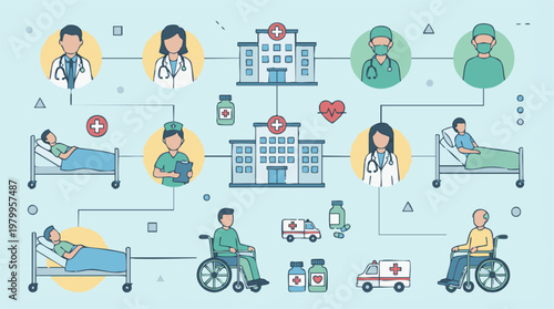 Integrated Healthcare System Illustration with Medical Staff and Patients