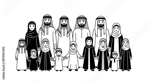 Illustration of a large Arab family in traditional attire, standing together.