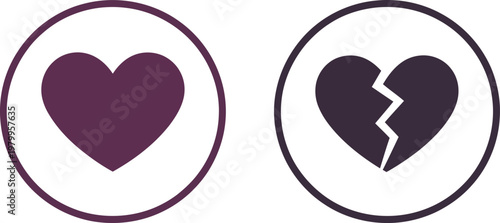 Two circular icons displaying a solid purple heart and a fractured heart representing emotional states