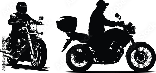 Motorcycle Rider Silhouette Set – Motorbike, Delivery Rider, Transport and Travel Vector Illustration