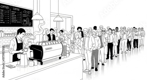 Illustration of a long queue of people waiting at a counter.