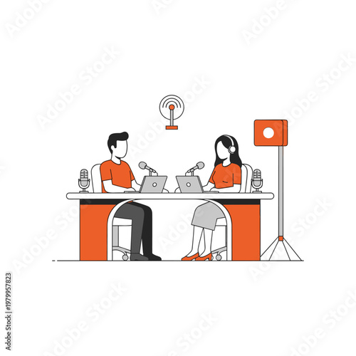 Two individuals conducting a live podcast interview in a studio setting