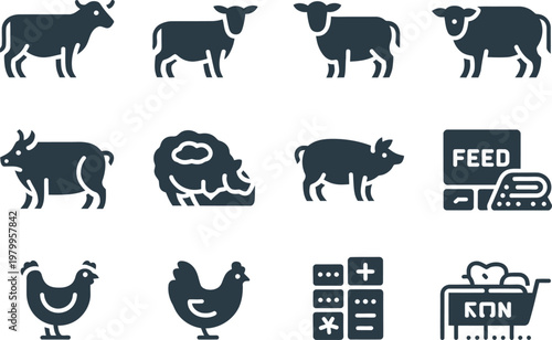 Collection of farm animal icons featuring livestock and agricultural management symbols for modern farming business applications