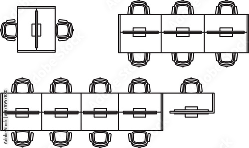 Abstract illustration of various office table layouts, ideal for visualizing workspace arrangements. The clean lines and top-down perspective highlight the functionality and potential of the space.
