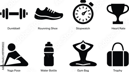 Collection of essential fitness and exercise gear icons for healthy lifestyle and active sports training routines
