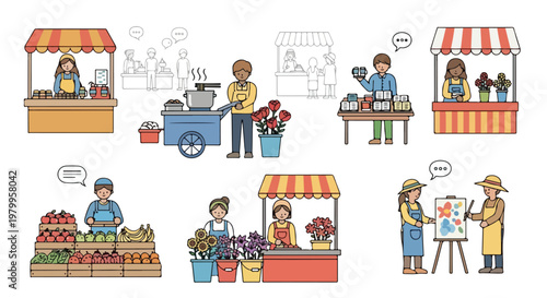 Vibrant outdoor market scene with various colorful vendor stalls and happy customers shopping