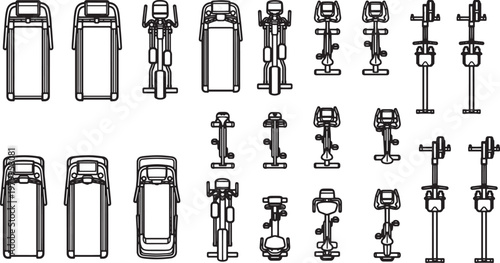 A top-down view of various exercise machines in a fitness gym, each meticulously captured with precision lines and a clean aesthetic.