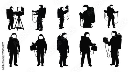 A series of black silhouettes depict astronauts operating various high tech equipment and exploring in space suits high quality professional detailed