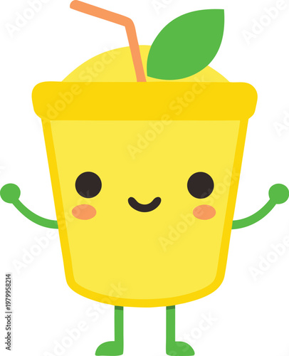 Happy yellow fruit smoothie drink character with a green leaf straw