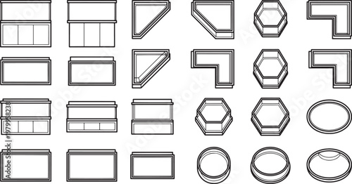 Assortment of modern building components featuring clean lines, perfect for architectural visualization, design and project. 